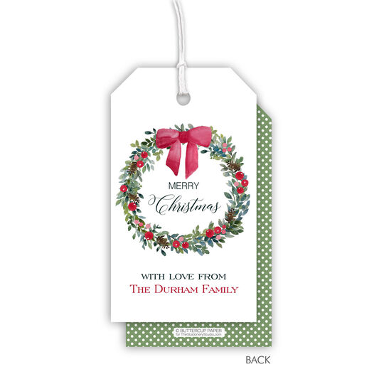 Christmas Wreath with Bow Hanging Gift Tags